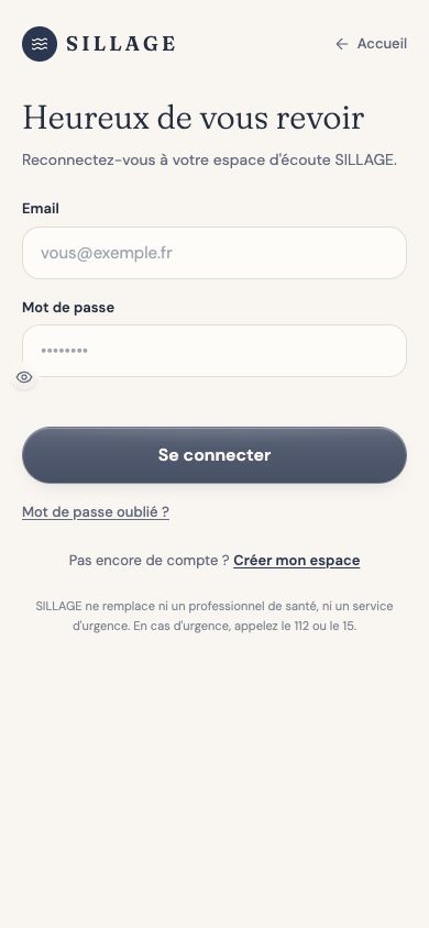 Interface de l’application mobile Sillage